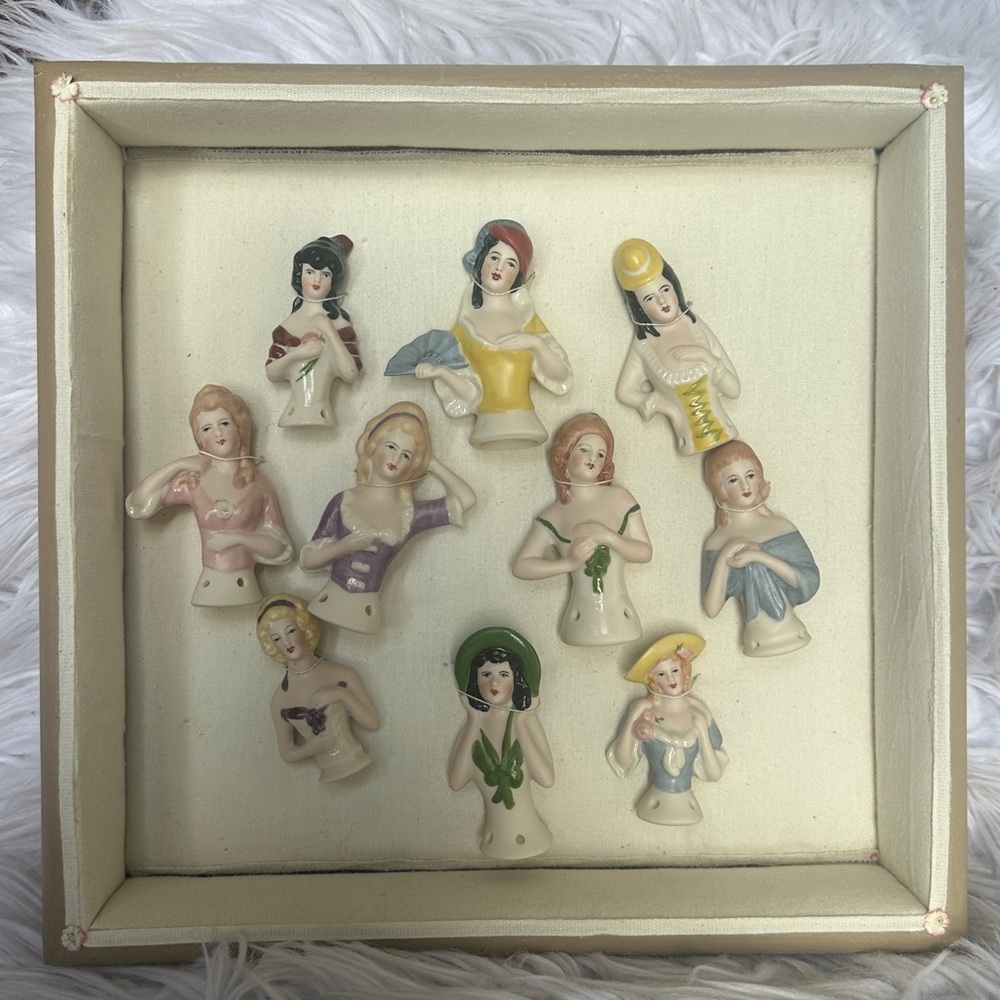 Wooden Shadow Boxes With 10 Pin Cushion Dolls Half Dolls by Anne Arroyo